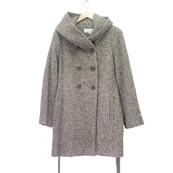 NEW Calvin Klein Tweed Belted Coat With Hood Tan Brown Cream Wool Size 12 NWOT - Picture 4 of 12